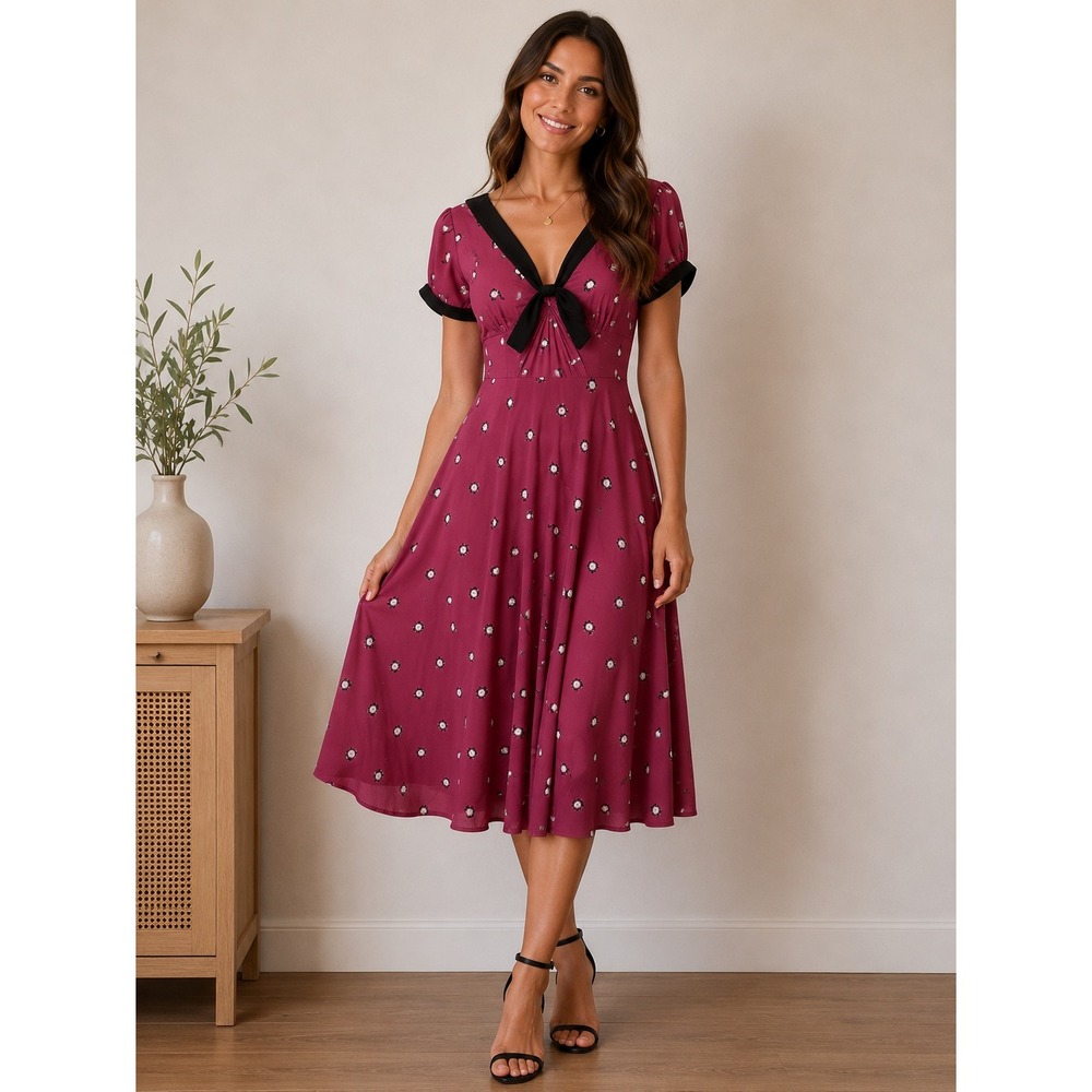 Unique Vintage x GB Retro Clock Fit & Flare Dress Wedding Guest Cottagecore Chic